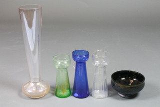 An Art Glass bowl 6" and 4 glass vases