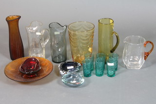 A Whitefriars glass bowl and a collection of glass jugs, vases etc