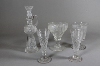 A collection of antique drinking glasses, 2 decanters and a cocktail shaker