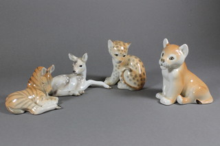 4 various Soviet Russian porcelain figures - Lion, Leopard,  Zebra and Deer 4"