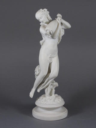 A late 19th Century Parian figure of a Grecian water carrier, arm  f and r, raised on a circular socle base 13"