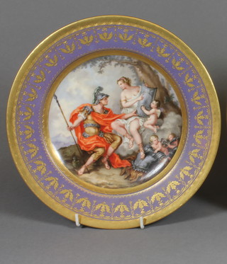 A Royal Vienna porcelain plate with puce and gilt banding  decorated Mars and a classical lady 9"   ILLUSTRATED