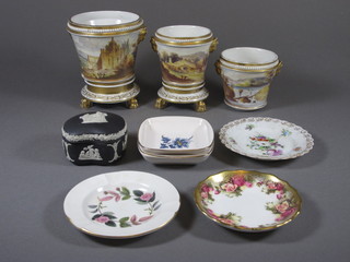 A pair of 19th Century Worcester twin handled urns decorated landscape scenes, chip to base, a larger ditto, a Wedgwood black  Jasperware dish and 5 small ashtrays