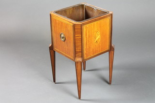 An Edwardian inlaid mahogany and satinwood jardiniere  decorated shell paterae, raised on square tapering supports 11"w  x 11"d x 20"h