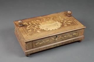 An early 19th Century Dutch walnut and floral marquetry toilet mirror, lacking mirror and super structure, decorated with a  floral jardiniere above a single drawer, raised on bun feet 8.5"h x  21"w x 13"d