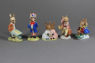 5 Royal Doulton Bunnykins Figures of the Year comprising  Father Bunnykins BE154, Uncle Sam Bunnykins DB50, Story  Time DB9, Sleigh Ride DB4 and Bunnykins Gardener DB156, all  boxed