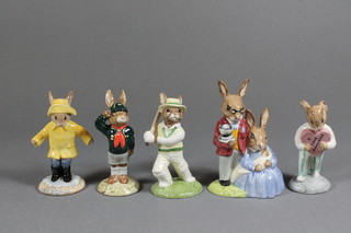 5 Royal Doulton Bunnykins Figures of the Year comprising  Rainy Day DB147, Be Prepared DB56, Out for a Duck DB60,  Father/Mother/Victoria DB68, Sweetheart Bunnykins, boxed