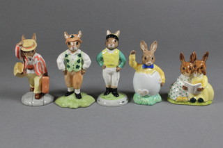5 Royal Doulton Bunnykins Figures comprising Father Bunnykins Figure of the Year, Irishman Bunnykins 1970, Joker  Bunnykins, Easter Greeting DB149 and Bunnykins Story Time  DB59, boxed