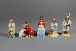 5 Royal Doulton Bunnykins Figures of the Year comprising Bed Time Bunnykins DB103, Partners in Collecting DB151, Happy  Birthday Bunnykins DB21, Bed Time Bunnykins DB55 and Bath  Time Bunnykins DB148, boxed