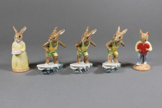 5 Royal Doulton Bunnykins Figures of the Year comprising Sweetheart Bunnykins DB130, 3 x Aussie Surfer DB133 and 60th  Anniversary DB136, boxed