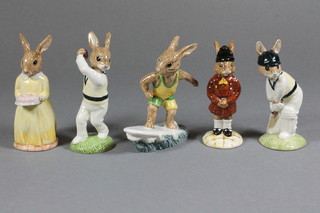 5 Royal Doulton Bunnykins Figures of the Year comprising  Aussie Surfer DB133, 60th Anniversary DB136, Bowler DB145,  Brownie Bunnykins DB61 and Batsman Bunnykins DB144, boxed