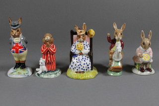 5 Royal Doulton Bunnykins Figures of the Year comprising John Ball Bunnykins DB134, Bed Time Bunnykins DB63, Buntie  Bunnykins Helping Mother DB2, Tally Ho DB12 and Susan as  Queen of the May DB83, boxed