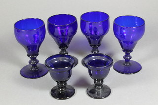 4 19th Century Bristol Blue glass bell shaped wine glasses and 2  do. liqueur glasses