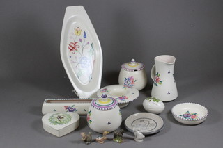 An oval Poole Pottery twin handled dish 12", 2 do. preserve jars  3", jar 5" and other Poole items together with 4 Wade Whimsies