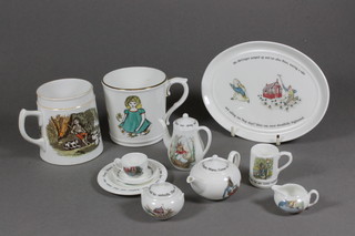 A 19th Century pottery mug decorated a seated shepherd, a 9  piece Wedgwood childs tea set and a Royal Worcester mug  decorated Mondays Child etc