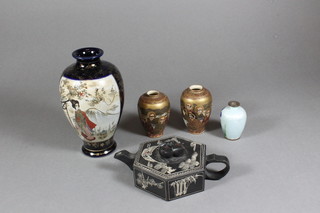 An Eastern carved stone teapot, a miniature blue ground and  floral patterned cloisonne enamelled vase 2", a pair of Japanese  Satsuma vases 3" and 1 other 6"