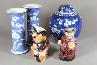 A Royal Doulton character jug - Sir John Falstaff 5" and 1 other Long John Silver, an Oriental Prunus ginger jar and cover and a  pair of blue and white prunus pattern vases 7.5"