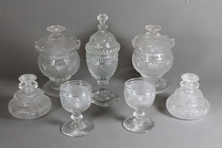 A pair of 18th Century cut glass jars and covers of goblet form 5", an 18th Century style jar and cover on a a square base 8", 2  cut glass goblets 3.5" and 2 perfume bottles 3"