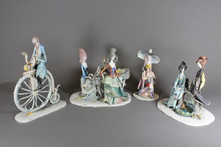 E. Tezz FX, 4 Continental porcelain figures, ladies by grand piano and 3 others 9"