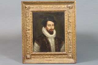 A late 18th Century Continental School, oil on canvas, a head  and shoulder portrait of a 17th Century merchant wearing a jewel  on a black hat, white ruff and jewelled waistcoat, within a 19th  Century foliate scroll and egg and dart moulded frame, unsigned,  13.75"h x 10.75"w  ILLUSTRATED
