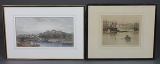 After E D Mean, a 19th Century coloured print of Windsor  Castle with figures in rowing boats in foreground, 8"h x 15.5"w,  together with a limited edition etching by Henry G Walker of a  harbour scene 7.5"h x 9.75"w