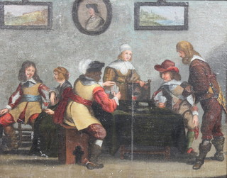 19th Century Dutch School, oil on linen canvas, laid on wooden panels, an interior tavern scene with revellers playing cards,  11.5"h x 14.75"w