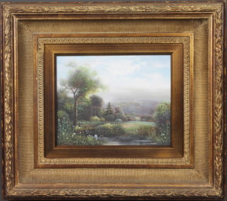 W Collins, 20th Century School, oil on wooden panel, a pastoral garden landscape, signed 7.5"h x 9.5"w within a gilt frame  decorated with laurel