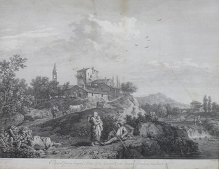 After F Zuccarette, a mid 18th Century engraving, a romantic Italianate landscape with weary travellers and farm hands in  foreground 13.5"h x 19"w
