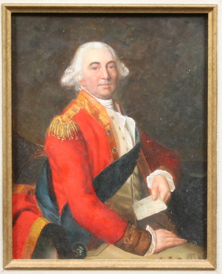 20th Century School oil on board, a half length portrait of  George III holding a love letter, within a foliate and scroll carved  giltwood frame 9"h x 7.5"w