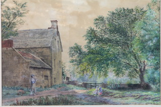 Late 19th Century British School, watercolour on paper "Figures  Amongst a Rural Farm Setting with Trees in Foreground"  indistinctly signed 9.5"h x 14"w
