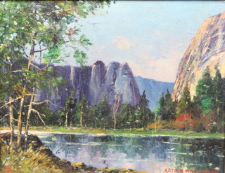Arthur Williamson, American 1900-1979, oil on canvas board  "Lake Scene in Montana", signed 13.75"h x 17.75"w