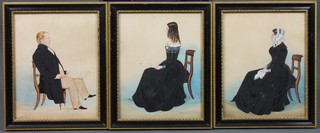 A series of 3 19th Century gouache, watercolour and body colour  full length profile family portraits, unsigned, 10.5"h x 8"w