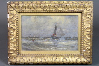 Hugh S Hemsley, British, Ex. 1906-1920, 20th Century British  School, oil on canvas laid on wooden panel, a sailing barge and  other vessels in high seas, 9.5"h x 15.25"w   ILLUSTRATED
