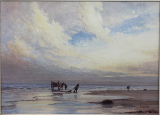 Frederick James Aldridge, 1850-1933, watercolour on paper, beach scene with seaweed gatherers with horse and cart" 10"h x  13.75"w  ILLUSTRATED