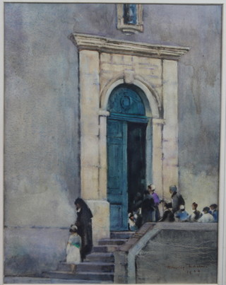 A Romilly-Fedden, watercolour on paper, street scene of figures entering a doorway, signed and dated 1924 12.5"h x 9.5"w