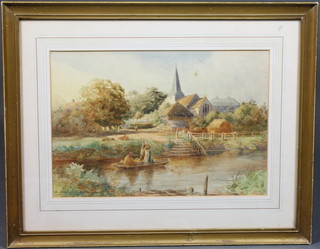 C Essenhiok-Corke 1907, early 20th Century School, watercolour on paper, a river scape with village church in background, signed and dated, 9.5"h x 14"w