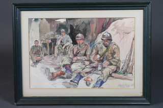 Fernand Allard L'Olivier, Belgium 1883-1933, watercolour on  paper, study of Belgian troops at rest in the trenches, signed and  dated 1917, 14"h x 21"w  ILLUSTRATED