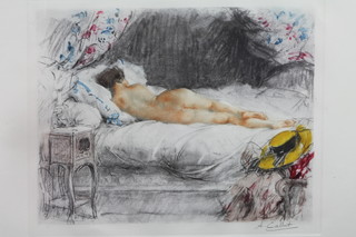 A Calbet, limited edition coloured print, interior scene "Study of a Reclining Nude" 10"h x 12.5"w