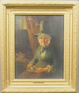 In the manner of John Burr, a 19th Century oil on canvas,  portrait of a countryman enjoying a cup of tea, bears signature,  within a laurel decorated giltwood frame 17"h x 13"w