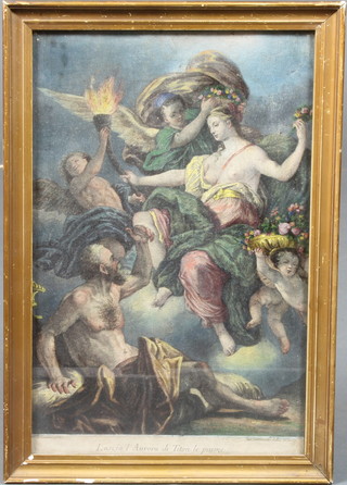 An 18th Century French engraving of Aurora and Titan, later  coloured 14"h x 9.5"w
