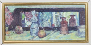 Rita Greig, 20th Century School, oil on board, "Reflections in  the Looking Glass" a still life study, monogrammed, 6.25"h x  14"w