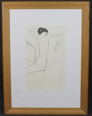 After Amedeo Modigliani, 1884-1920, a lithographic  monochrome print, "Seated Female Nude" 17.75"h x 11"w