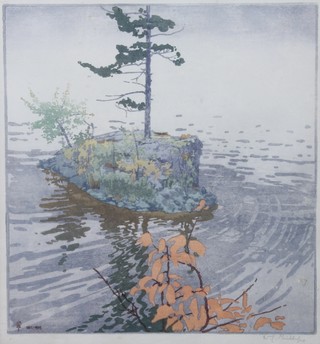 Walter Joseph Phillips, Canadian 1884-1963, a coloured wood  block print, a study of a pine tree on an island in the Japanese  taste, dated December 1923 and signed in pencil 10"h x 9.25"w   ILLUSTRATED