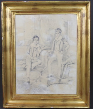 19th Century British School, pencil with body colour on paper, a double full length portrait of 2 young gentleman in an interior  setting, monogrammed TC and dated 1834 19.5"h x 15"w