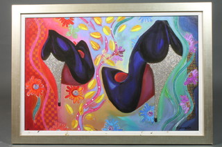 P Commenford, 21st Century School, surrealist study of high heeled shoes with diamonte heels 23"h x 35"w, signed