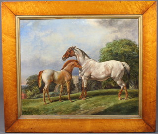 Of equine interest, an early 20th Century School oil on canvas study of a mare and her foal within a pastoral landscape in the  Irish taste, within a birdseye maple frame with gilt slip,  unsigned, 23.5"h x 29"w