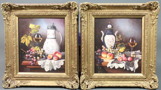 Paul Morgan, 20th Century School, oil on fibre board, pair of still life studies of fruit upon table tops, within Rococo style  frames 13.5"h x 11.5"w