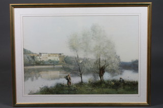 After Jean Baptiste Camille-Corot, French 1896-1875, a coloured screen print, river scape of a southern French town with pastoral figures in foreground 19"h x 27.5"w