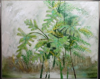 Lee Reynolds, American 1936, acrylic on canvas, an abstract floral study of ferns, signed 4'h x 5'w