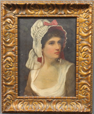 An early 20th Century oil on canvas, head and shoulder portrait  of a young baby in a bonnet, within a foliate carved giltwood  frame 11.5"h x 8.5"w